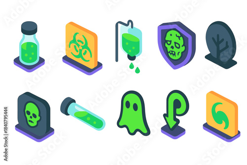 Halloween, horror flat icon set. Spooky, creepy, zombie, ghost, potion, biohazard icons.