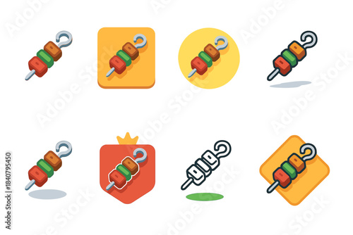 Grilled bbq skewers icon set. Delicious flat icons for food and catering projects