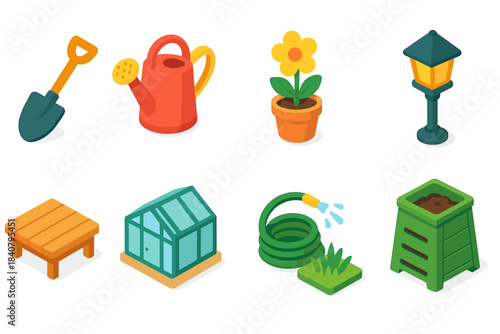 Gardening tools 3d icon set. Essential garden equipment and plant care icons collection