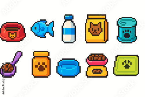 Pet supplies pixel icon set. Food, fish, bowl, and can icons in pixel art style