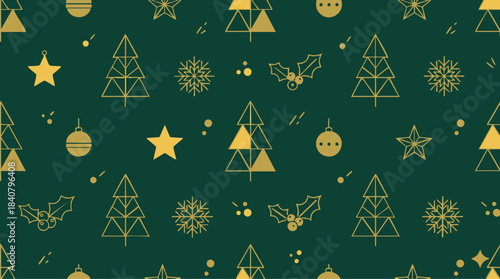 Festive Golden Outline Christmas Elements Seamless Pattern