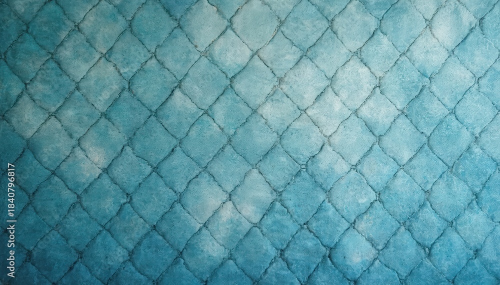 Naklejka premium Blue teal textured fabric displays repeating diamond pattern stitched with raised seams. This woven material features subtle color variations, smooth finish, suitable for upholstery or wall coverings.