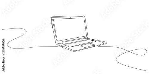One Line of Digital Focus, A continuous line drawing of an open laptop with flowing curves suggesting motion and connection