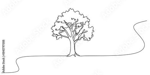 One Line of Life, A continuous line drawing of a tree with full canopy, standing on a softly curved ground