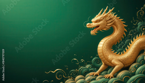 golden dragon illustration rising above stylized waves on a deep green background symbolizing strength prosperity and cultural mythology with elegant detailed artwork and spacious composition
