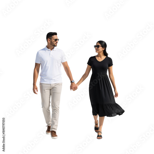 Elegant Couple in White and Beige Walking Together Against White Background — Sunglasses, Linked Hands, Tan Blazer, All-White Outfit — Symbolizing Sophistication, Modern Romance, and Luxury Lifestyle 