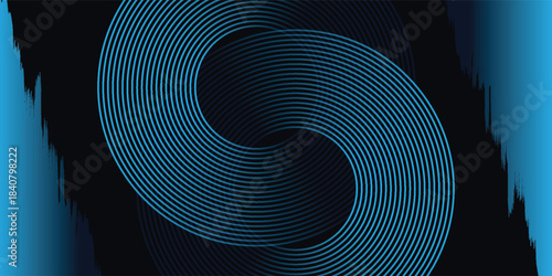 Blue abstract background with glowing circles. Swirl circular lines pattern. Geometric spiral. Twirl element. Modern graphic design. Futuristic technology concept.