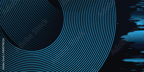 Blue abstract background with glowing circles. Swirl circular lines pattern. Geometric spiral. Twirl element. Modern graphic design.