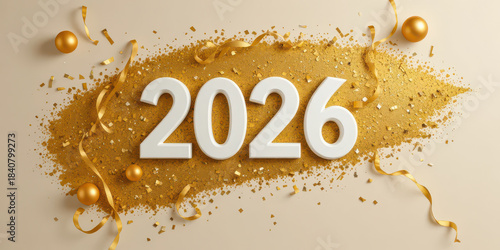 White 2026 year number centered on a gold glitter brushstroke with scattered golden confetti, metallic balls, and curling ribbons on a beige background. Concept of luxury New Year celebration, prosper