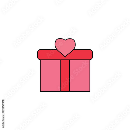 A simple cartoon illustration of a pink gift box with a red ribbon and a pink heart on top, symbolizing love and celebration.