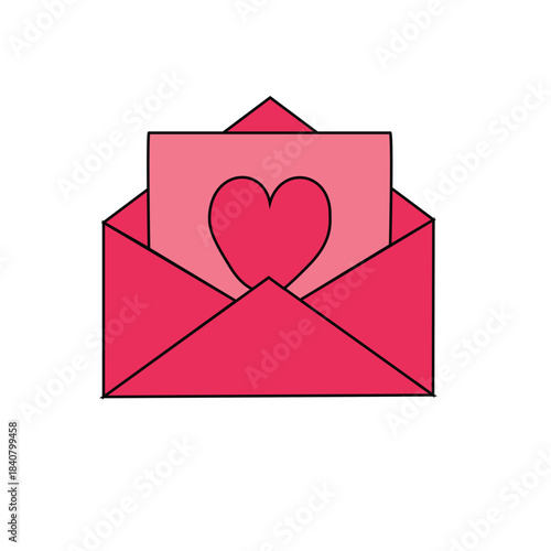 A simple graphic illustration of an open red envelope with a pink letter inside, featuring a dark pink heart.