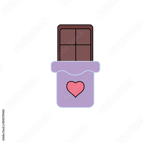 A simple cartoon illustration of a brown chocolate bar partially unwrapped from a light purple wrapper with a pink heart on it.