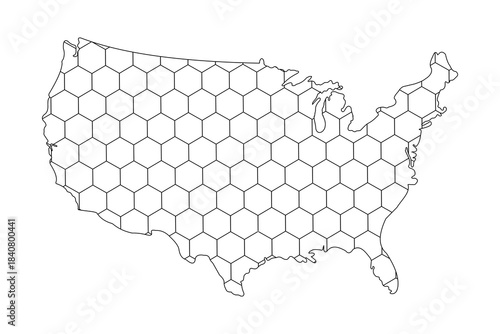 Map of the United States with hexagonal grid pattern showing empty spaces for various uses and applications in planning and design. Map of the US in honeycombs