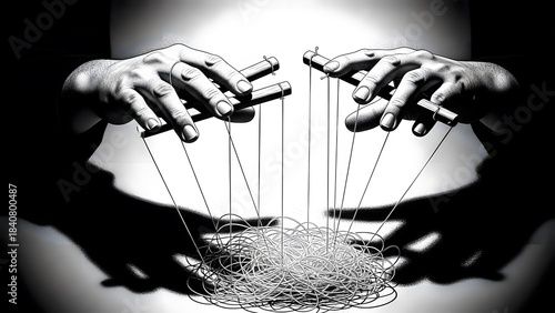 Conceptual Black and White Illustration of Puppet Master Hands Controlling Tangled Strings
