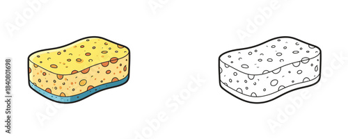 Cartoon illustration of a porous scrubbing sponge with an hourglass shape in bright yellow and blue colors for washing, cleaning, and hygiene concepts