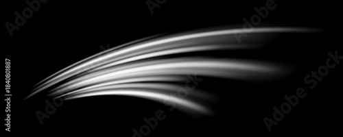 Abstract white wind lines effect. Air stream flow wave motion trace. Light curved speed element. Swoosh or splash stripe path design illustration. Air conditioner blow concept. Vector twirl background