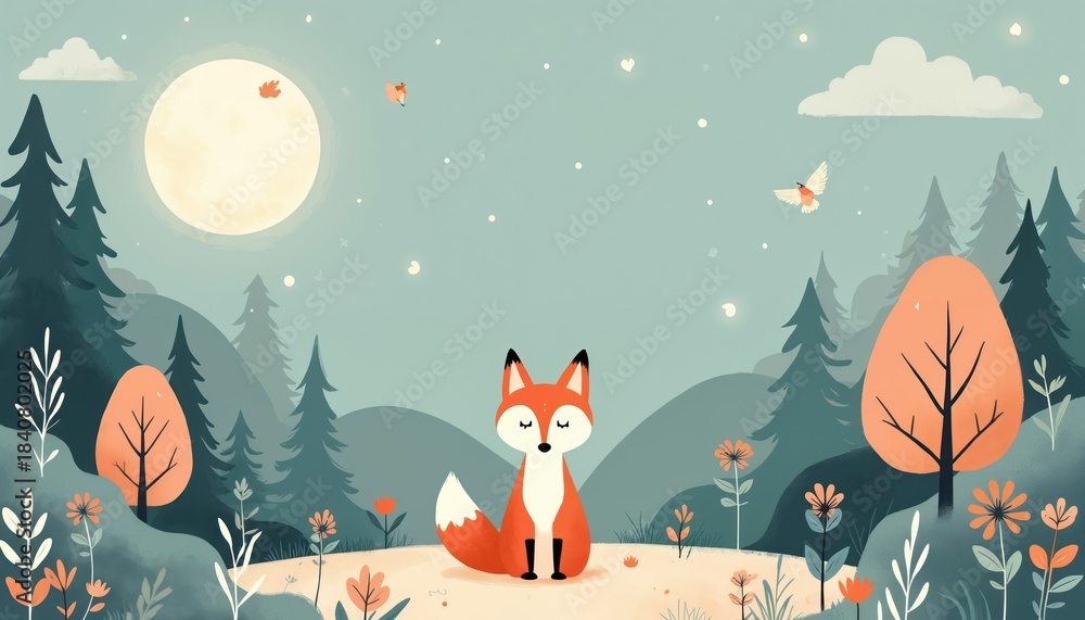 Naklejka premium Cute cartoon fox sits in grassy field with moon and stars above. Trees and flowers form a peaceful woodland scene. Bird flies in the pale blue sky.