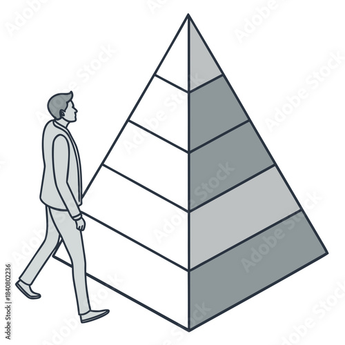 Business Man Walking Beside a Hierarchy Pyramid Infographic