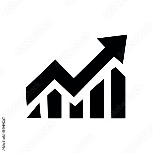Black and white upward trending bar graph with arrow