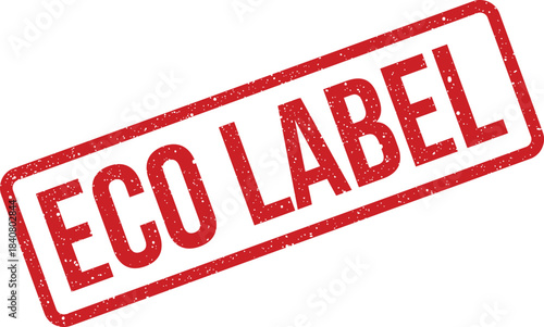 Textured rectangular rubber stamp with ECO LABEL text, symbolizing environmentally friendly product certification and quality approval