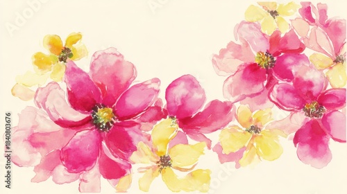 Floral Watercolor Bliss: Captivating image showcases a delicate floral arrangement of vibrant pink and yellow blossoms, painted in a soft watercolor style, evokes a sense of freshness and elegance.