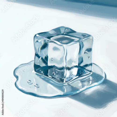 Melting ice cube on a smooth surface, refreshing temperature concept, close-up art