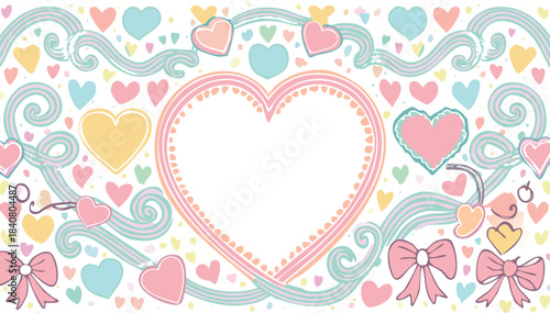 Doodle hand drawn coquette frames with hearts, wavy lines, bows and ribbons. Trendy vintage whimsical borders for wedding invitations, birthday card, prints. Vector modern illustration. 