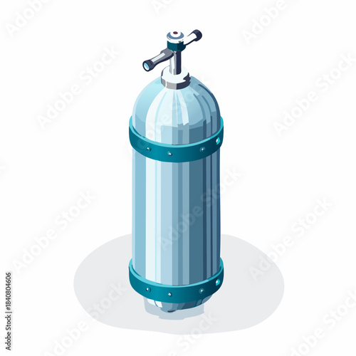 Modern isometric vector illustration of a sleek, metallic gas cylinder with a control valve, symbolizing safe and efficient containment for various compressed gases