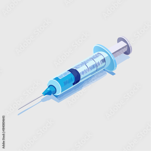 Modern isometric illustration of a medical syringe with blue liquid, representing healthcare, vaccination, and treatment concepts. Ideal for health, science, and pharmaceutical designs