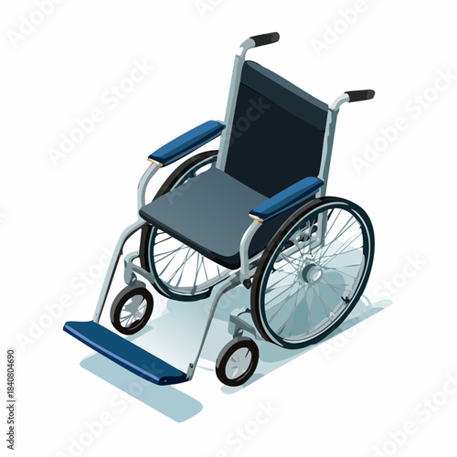 Isometric illustration of a manual wheelchair, an essential mobility aid offering independence and accessibility for individuals requiring movement assistance and support