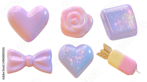 Wallpaper Mural Glossy Pastel Candy Concept With Heart, Rose, Bow, and Translucent Shapes Torontodigital.ca