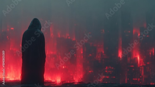 Solitary Sentinel of Destruction: Amidst a hellscape of flames, a cloaked figure stands as a haunting symbol of desolation and the aftermath of a catastrophic event.