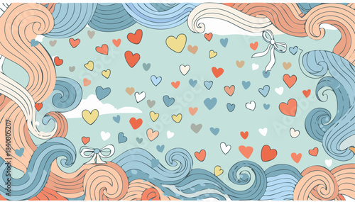Doodle hand drawn coquette frames with hearts, wavy lines, bows and ribbons. Trendy vintage whimsical borders for wedding invitations, birthday card, prints. Vector modern illustration. 