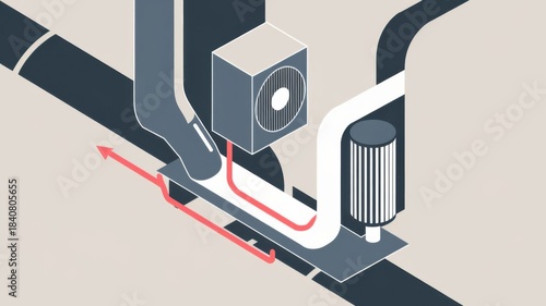 Isometric HVAC ventilation system diagram showing ducts, air filters, fans and airflow arrows