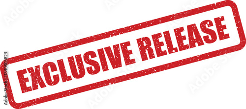A distressed red rubber stamp impression with EXCLUSIVE RELEASE text, featuring a rectangular grunge border and speckled surface