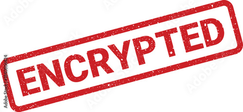 A distressed rubber stamp with the word ENCRYPTED, indicating data protection and privacy