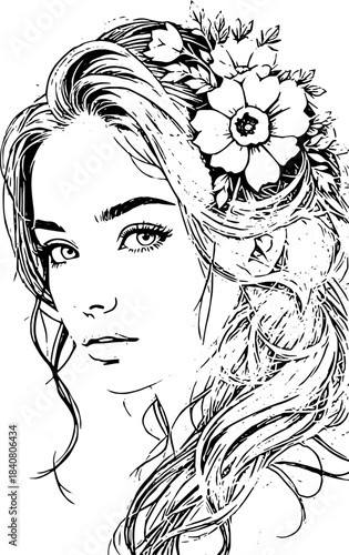 Woman and hair style with flower illlustration design