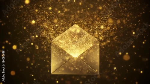 Golden envelope opening with sparkling particles emerging into a dark background