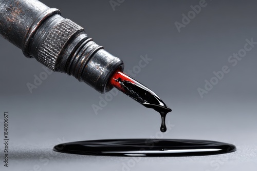 Close Up of Ink Pen Dispensing Dark Black Liquid onto Gray Surface