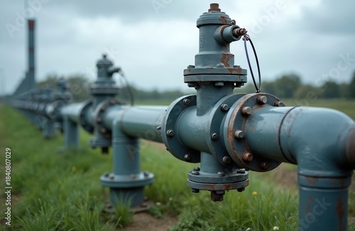 Industrial water pipeline with valves. Large diameter pipe section with control mechanisms installed outdoors. Metal infrastructure supplies liquid for city or farm needs.