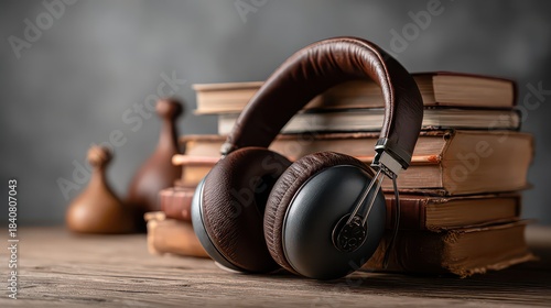 Close up of vintage headphones resting on stack of antique books with wooden pawn figures in background and textured surface