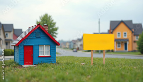 Fototapeta Naklejka Na Ścianę i Meble -  Small blue house with red roof and door sits on grass. Yellow sign stands nearby. Other houses line street in background. Represents housing affordability or lack thereof.