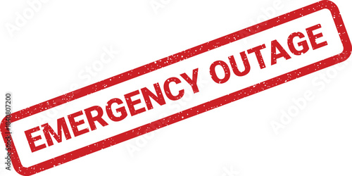 A rectangular red distressed rubber stamp with Emergency Outage text indicating a critical service disruption