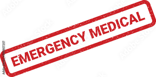 A rectangular red grunge rubber stamp showing the words Emergency Medical for critical healthcare situations and alerts