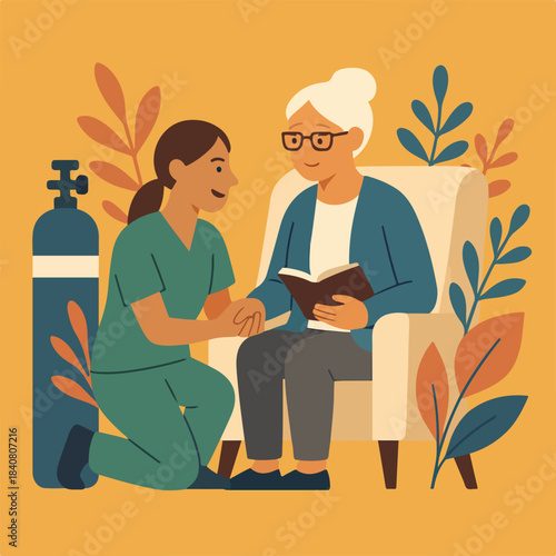 Compassionate caregiver kneeling beside elderly woman reading a book with oxygen tank nearby in warm tones