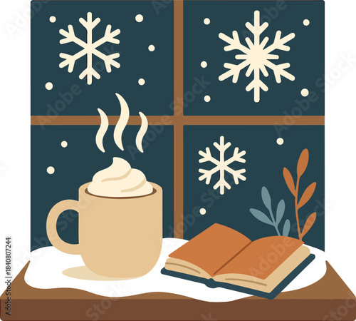 Cozy winter scene featuring a steaming mug of hot chocolate beside an open book on a snowy windowsill