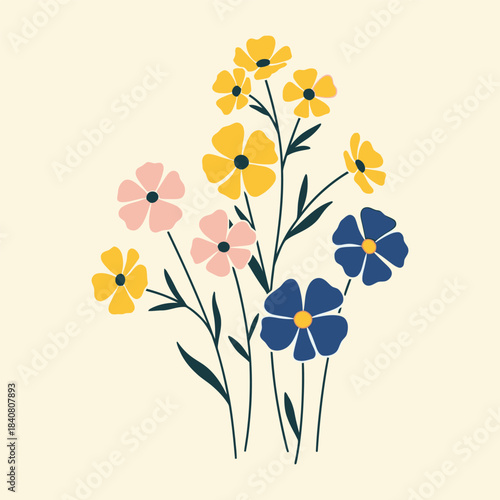 A stylized illustration of a bouquet of flowers against a solid black background. 