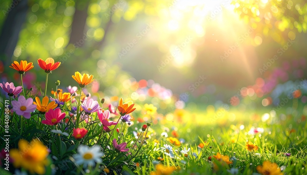 Fototapeta premium A beautiful meadow filled with vibrant wildflowers and lush green grass, bathed in warm sunlight filtering through distant trees.