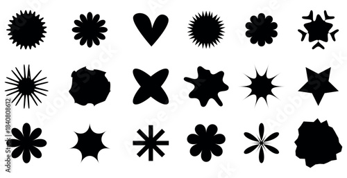 Collection of diverse black abstract organic shapes and starbursts on a white background.