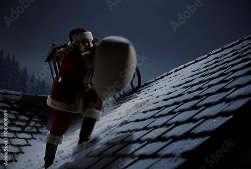 Santa claus delivering gifts on a snowy rooftop at night